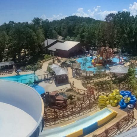 panoramic view of pirates bay waterpark slides, pools and trees